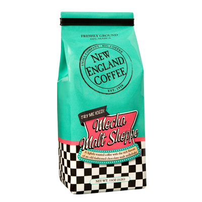 Packaging image for New England Coffee's Mocha Malt Shoppe flavored coffee